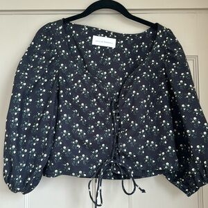 Loeffler Randall Mindy Black Floral Lace Up Blouse, Size M. Excellent condition.